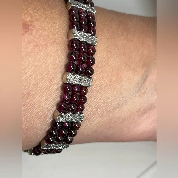 Vintage Marcasite, silver and Red Garnet Triple Row Beaded Bracelet - Picture 10 of 11